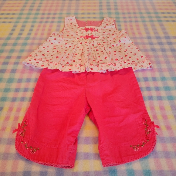 CARTER'S ♡ 2pc Coral 'n White Mini Floral|Bow Top 'n Embroidered Pants Outfit 3M - Picture 11 of 15